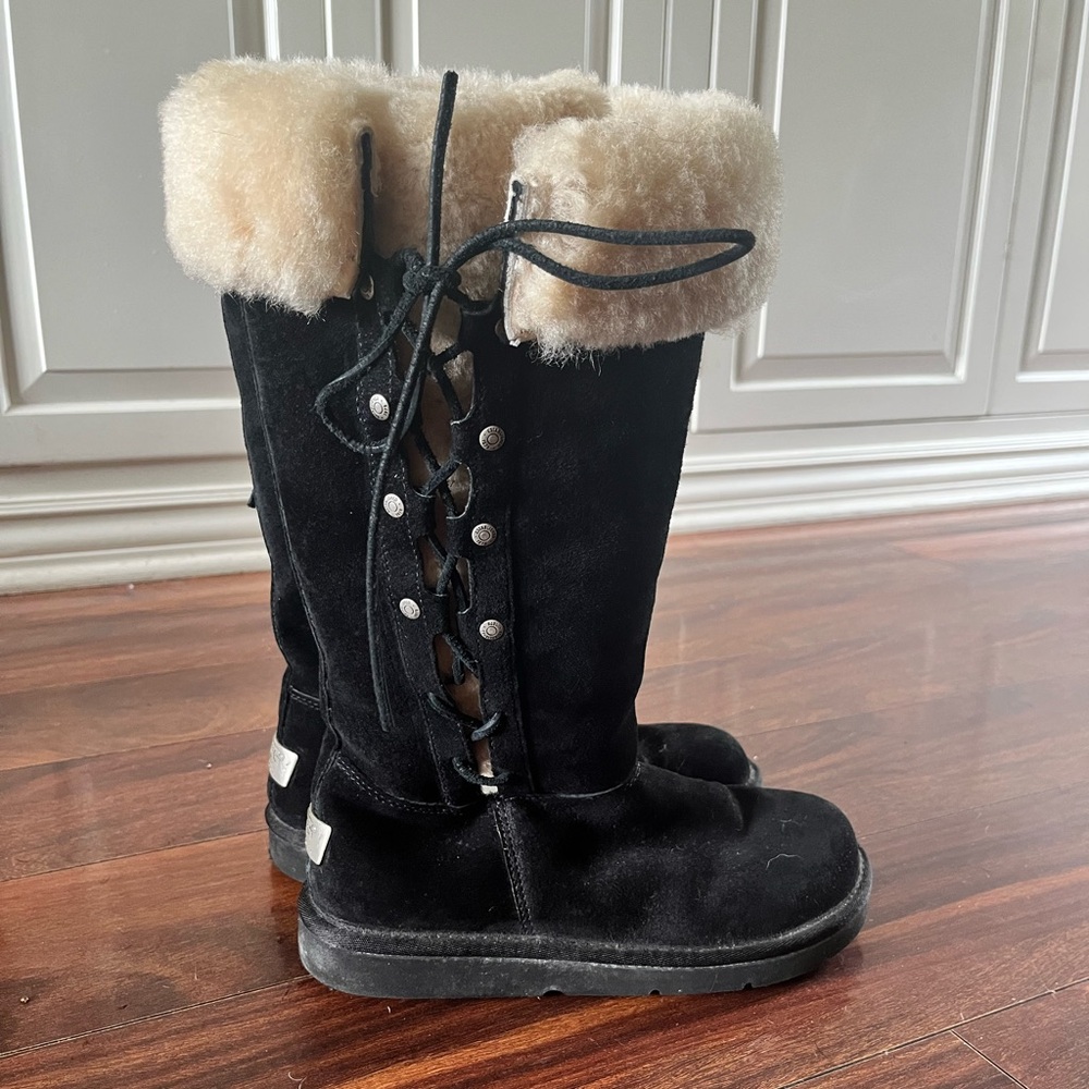 UGG Black and Cream Lace-Up Winter Boots